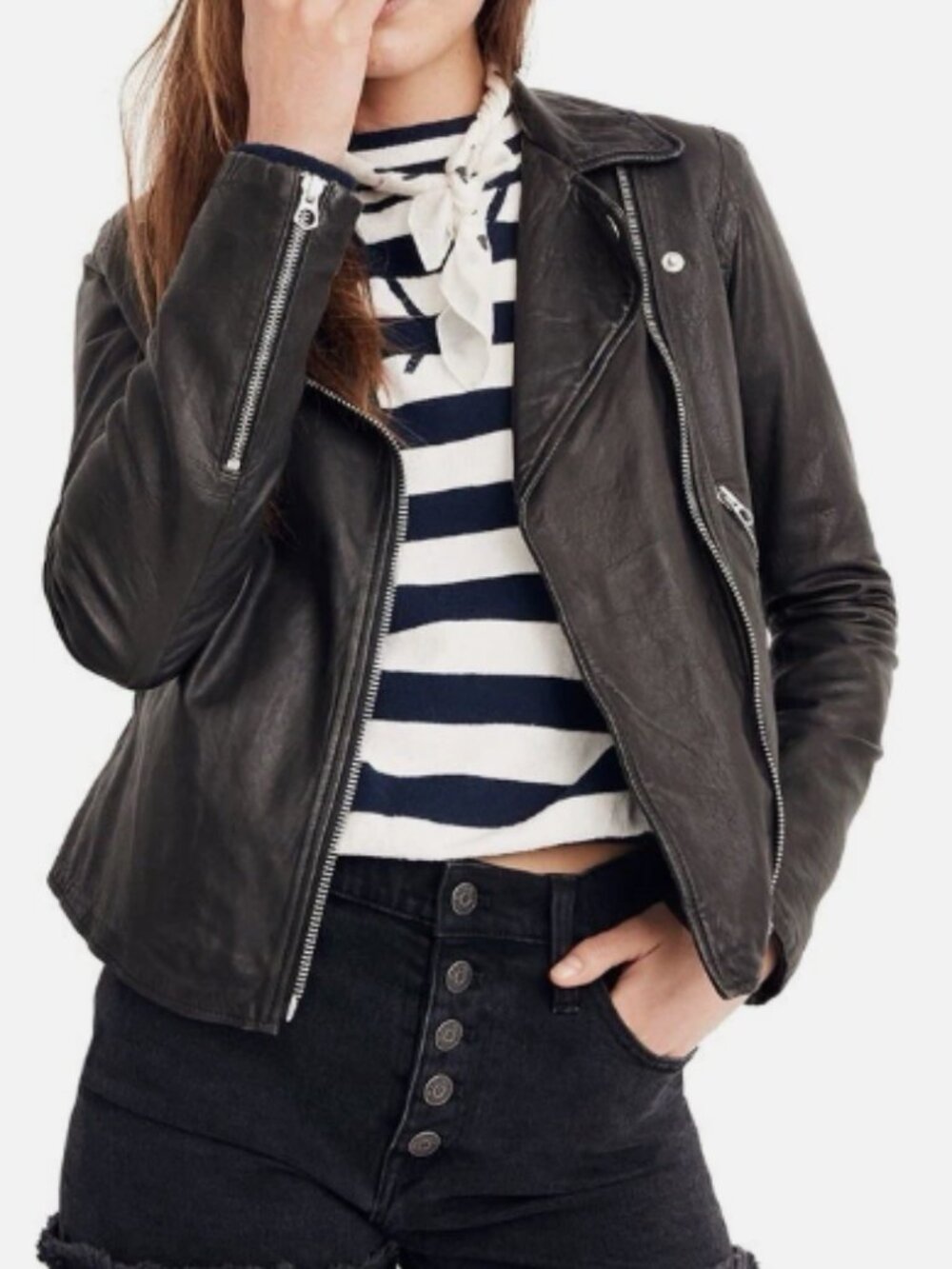 EUC! MADEWELL Women’s ‘The Washed Leather Motorcycle Jacket’ Black Size Medium